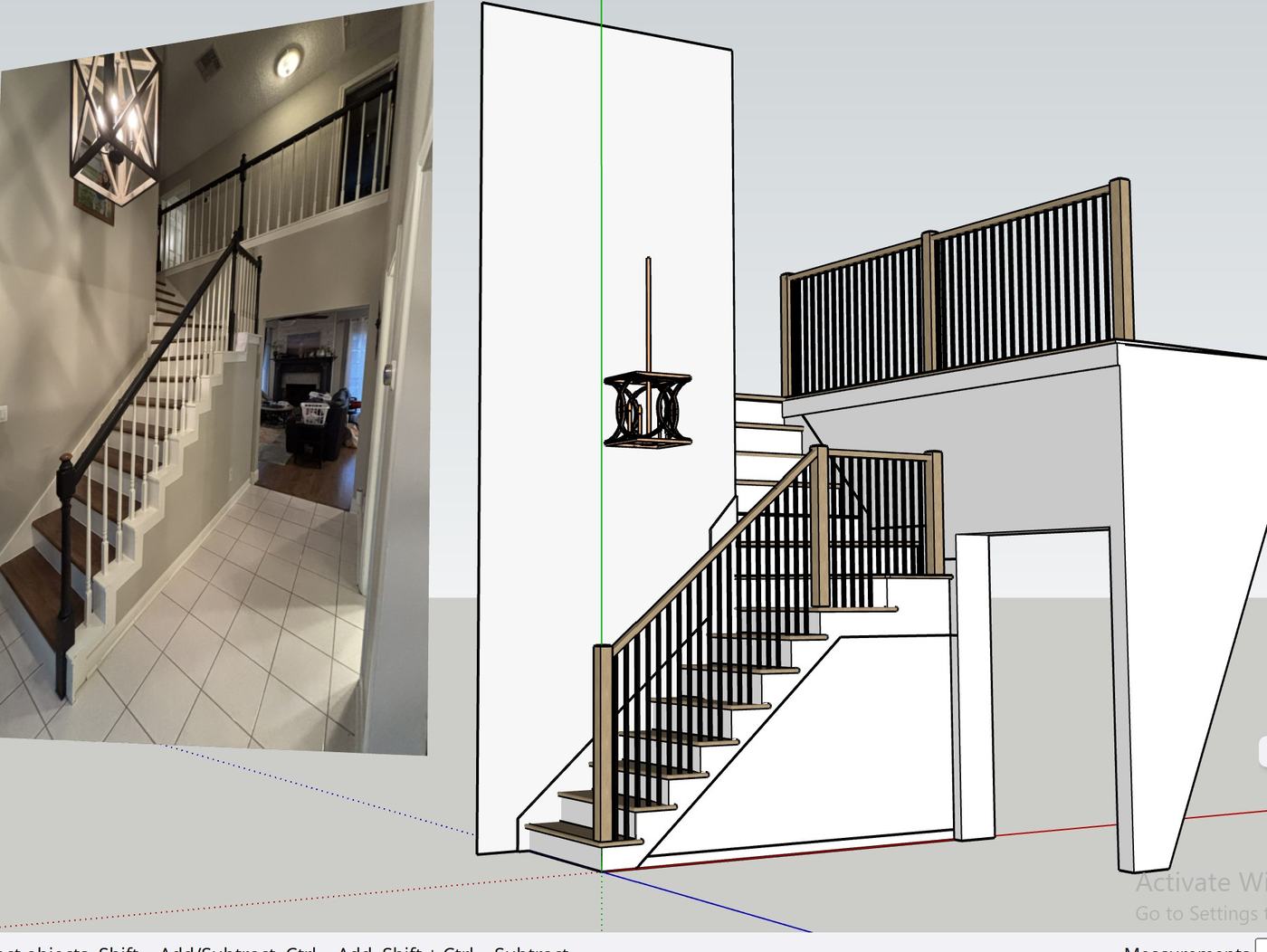 Staircase renovation — before photo and 3D design comparison