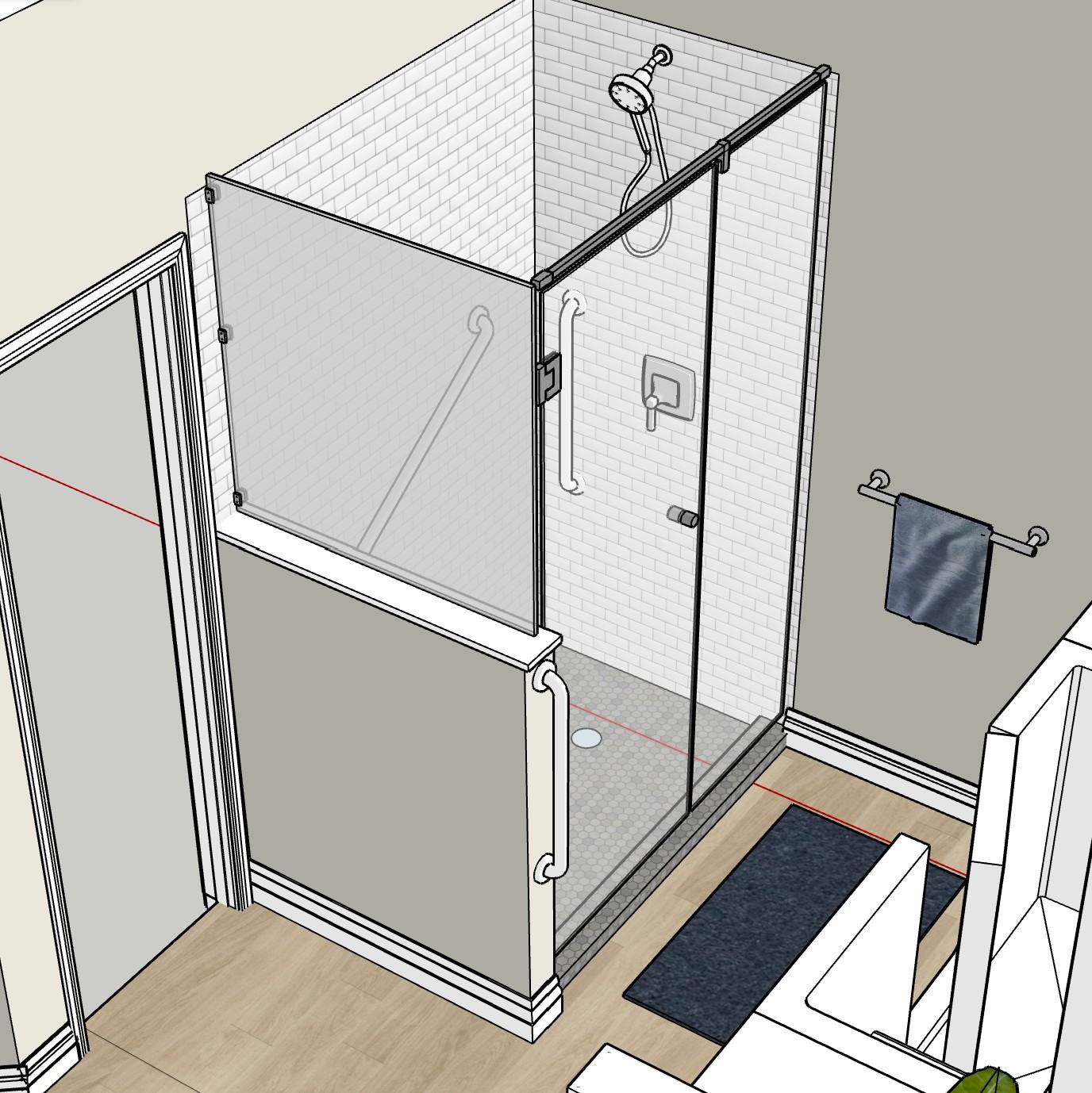Accessible shower with grab bars — 3D planning rendering