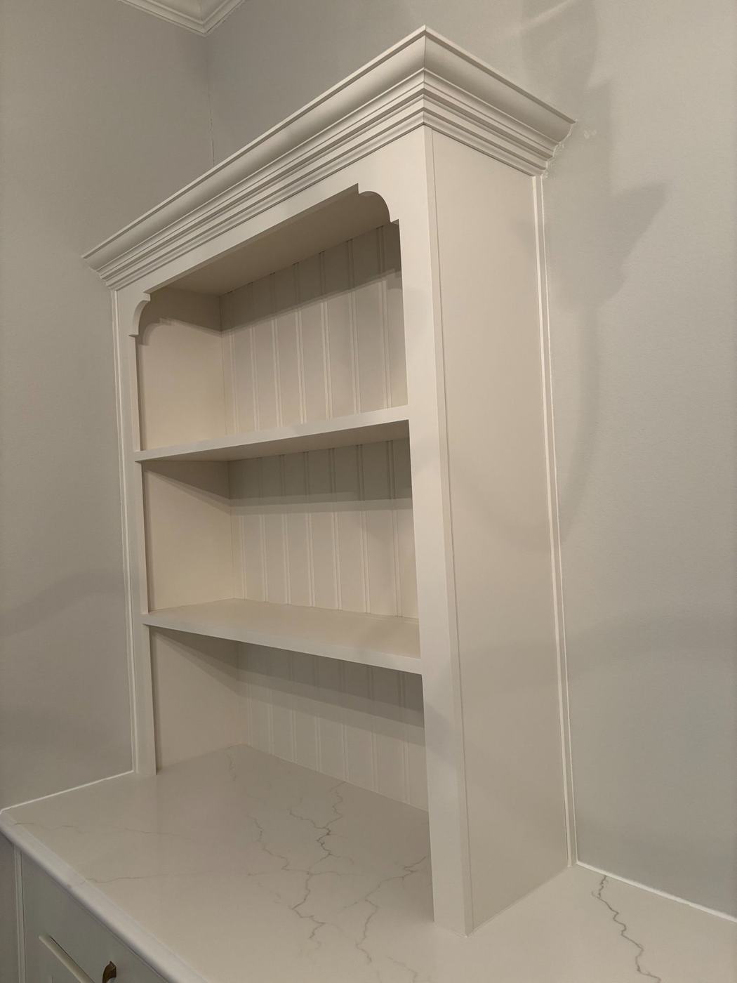 Finished built-in hutch with beadboard back